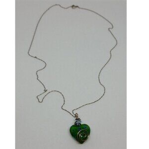 Puff heart artisan sterling silver green millefiori murano glass necklace boho